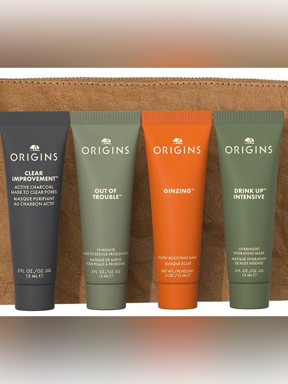 Origins Skincare Travel Set 4 Masks + Zipper Cosmetic Bag New
